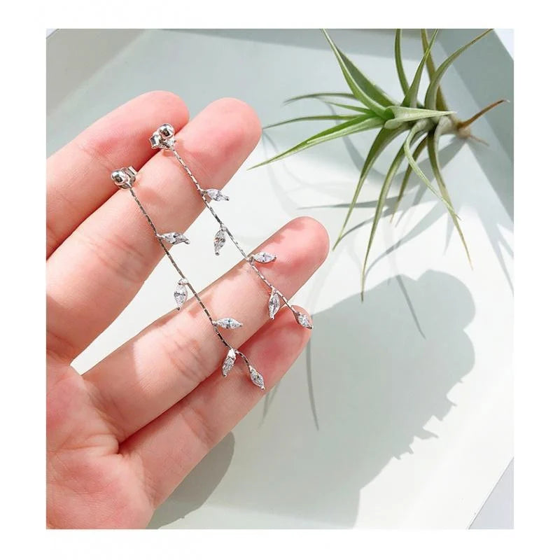 Long Silver Plated Crystal Leaf Tassel Drop Earrings For Women Wedding Fashion 2020 Jewelry Gift