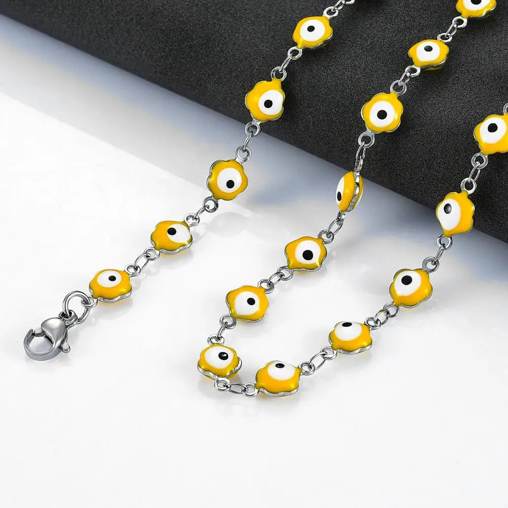6mm Stainless Steel Turkish Evil Eye Chain Necklace for Women Colorful Beads Flower Shape Charm Choker Bracelets Metal Jewelry
