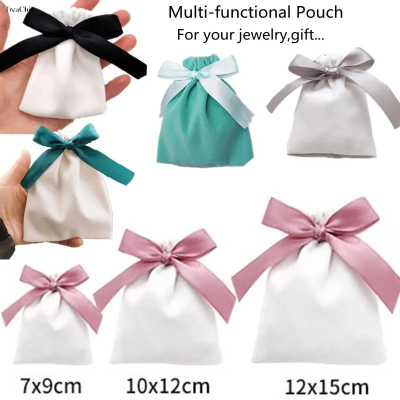 Handmade Flannel Pouches Velvet Ribbon Gift Bags Jewelry Bowknot Sack Makeup Lipstick Drawstring Pouch Party Wedding Gifts 50Pcs