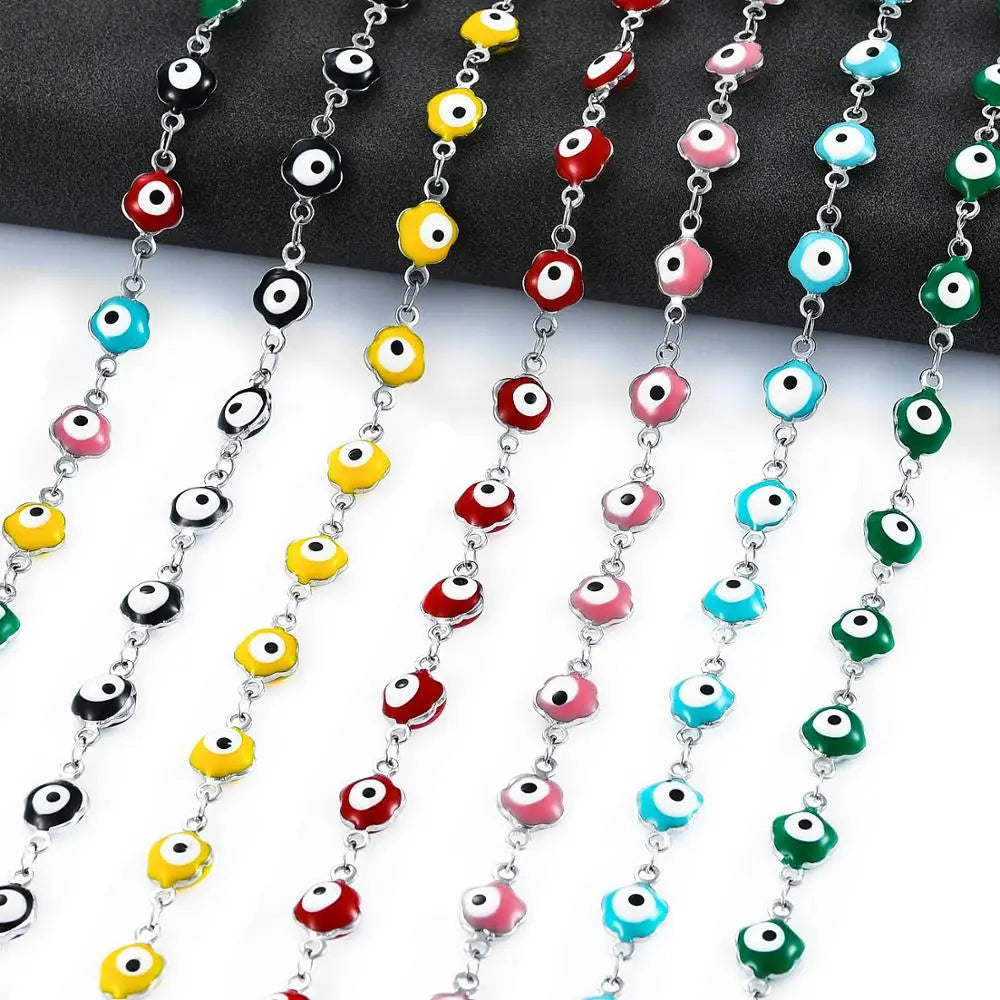 6mm Stainless Steel Turkish Evil Eye Chain Necklace for Women Colorful Beads Flower Shape Charm Choker Bracelets Metal Jewelry