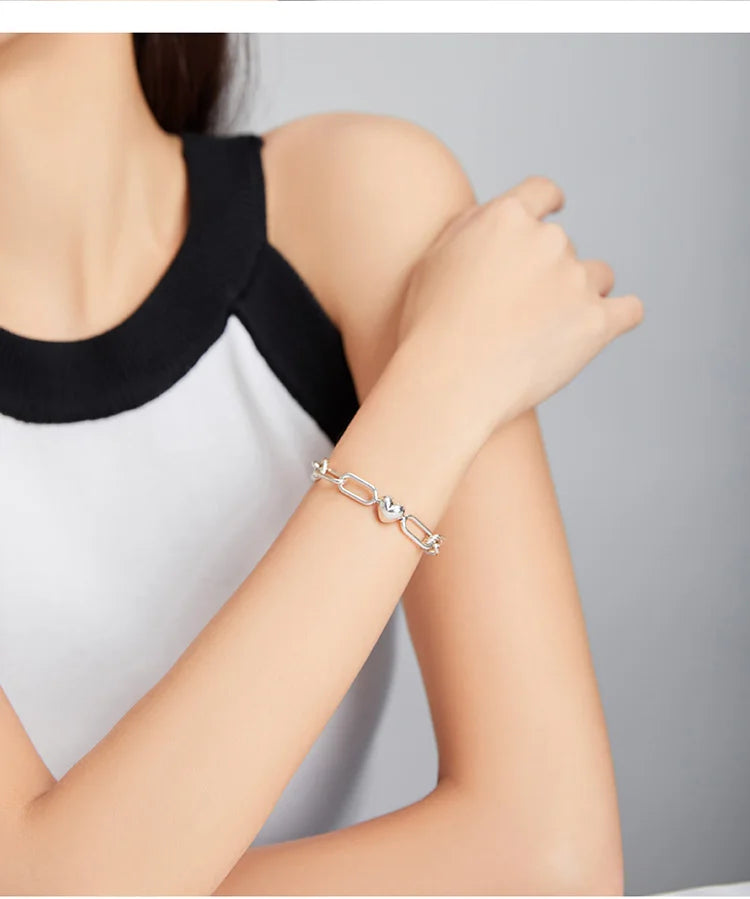 WOSTU Silver Paper Clip Bracelet 925 Sterling Silver Heart Love Chain Bracelets for Women Engagement Jewelry Gift CQB202