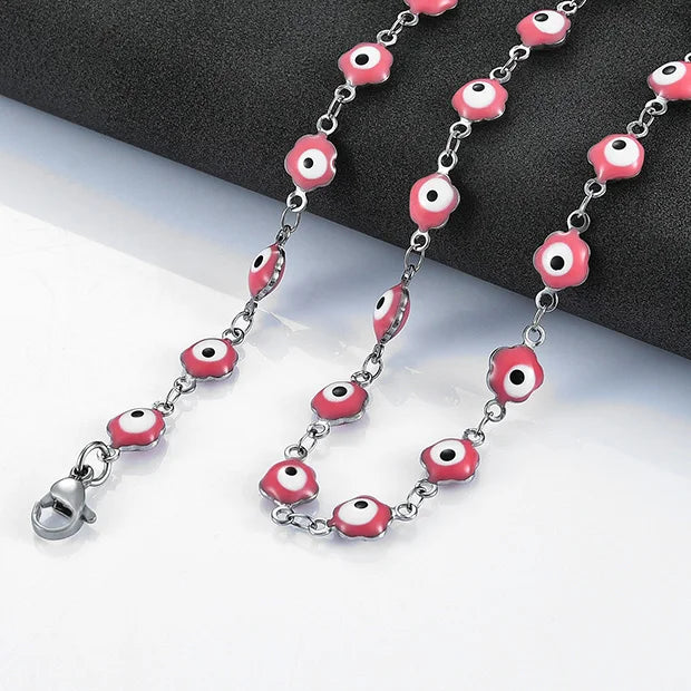 6mm Stainless Steel Turkish Evil Eye Chain Necklace for Women Colorful Beads Flower Shape Charm Choker Bracelets Metal Jewelry