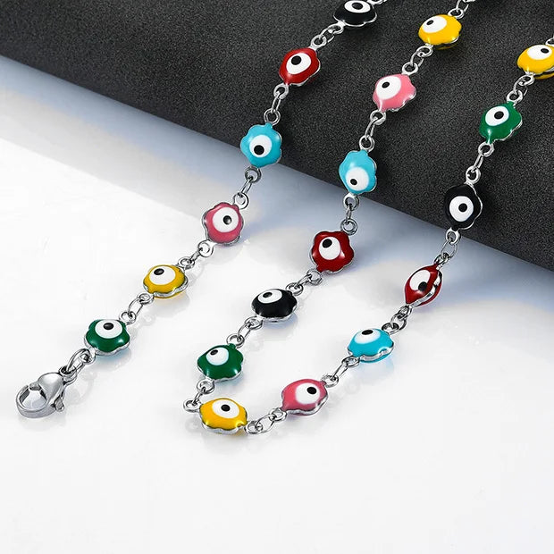 6mm Stainless Steel Turkish Evil Eye Chain Necklace for Women Colorful Beads Flower Shape Charm Choker Bracelets Metal Jewelry