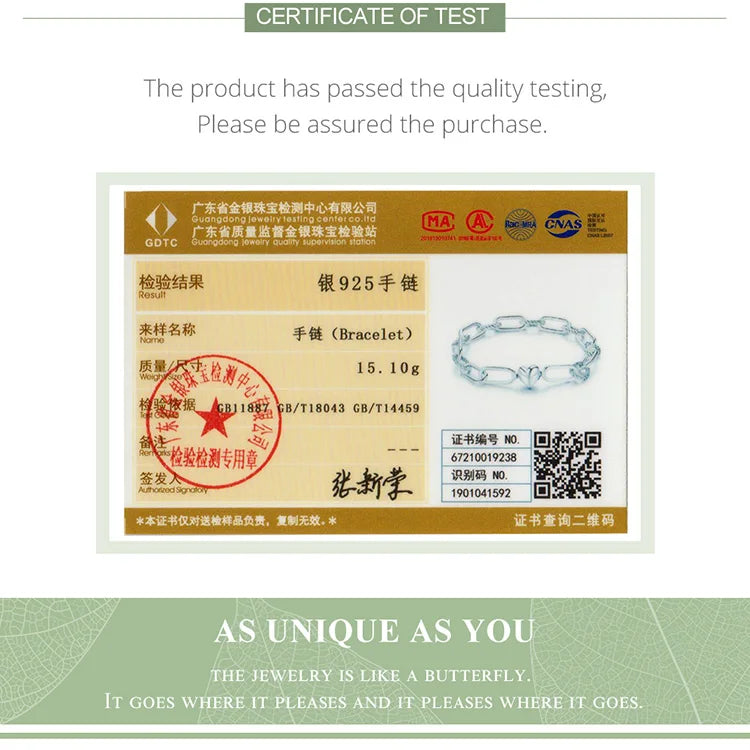 WOSTU Silver Paper Clip Bracelet 925 Sterling Silver Heart Love Chain Bracelets for Women Engagement Jewelry Gift CQB202