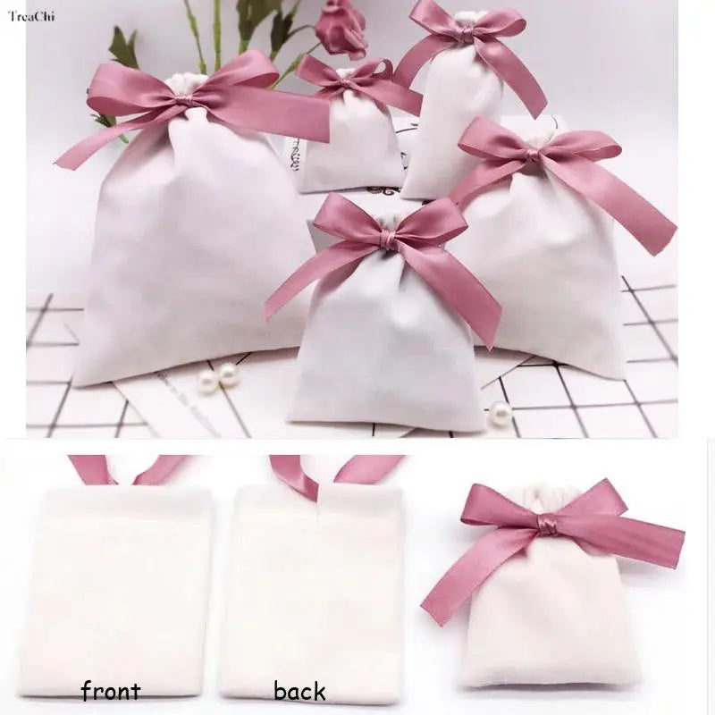 Handmade Flannel Pouches Velvet Ribbon Gift Bags Jewelry Bowknot Sack Makeup Lipstick Drawstring Pouch Party Wedding Gifts 50Pcs