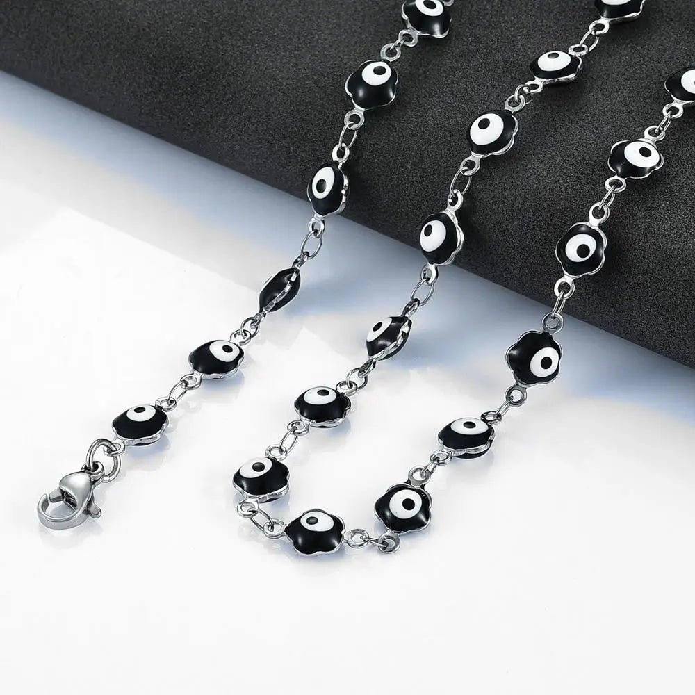 6mm Stainless Steel Turkish Evil Eye Chain Necklace for Women Colorful Beads Flower Shape Charm Choker Bracelets Metal Jewelry