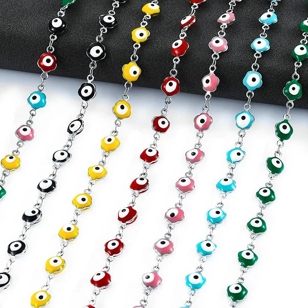 6mm Stainless Steel Turkish Evil Eye Chain Necklace for Women Colorful Beads Flower Shape Charm Choker Bracelets Metal Jewelry