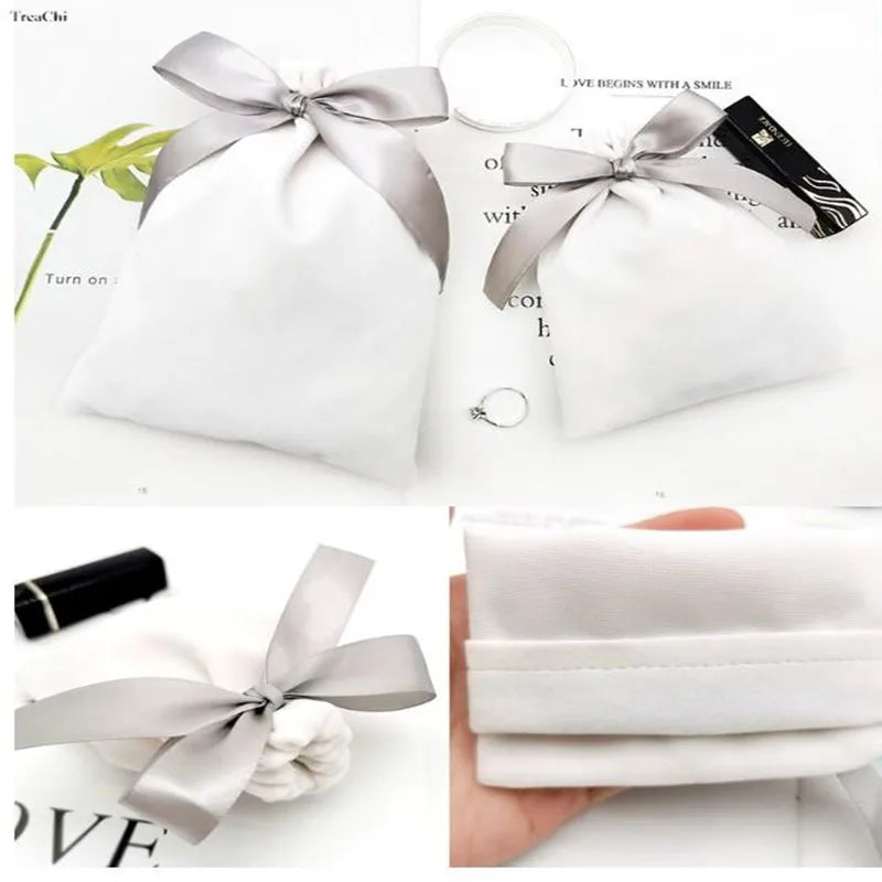 Handmade Flannel Pouches Velvet Ribbon Gift Bags Jewelry Bowknot Sack Makeup Lipstick Drawstring Pouch Party Wedding Gifts 50Pcs