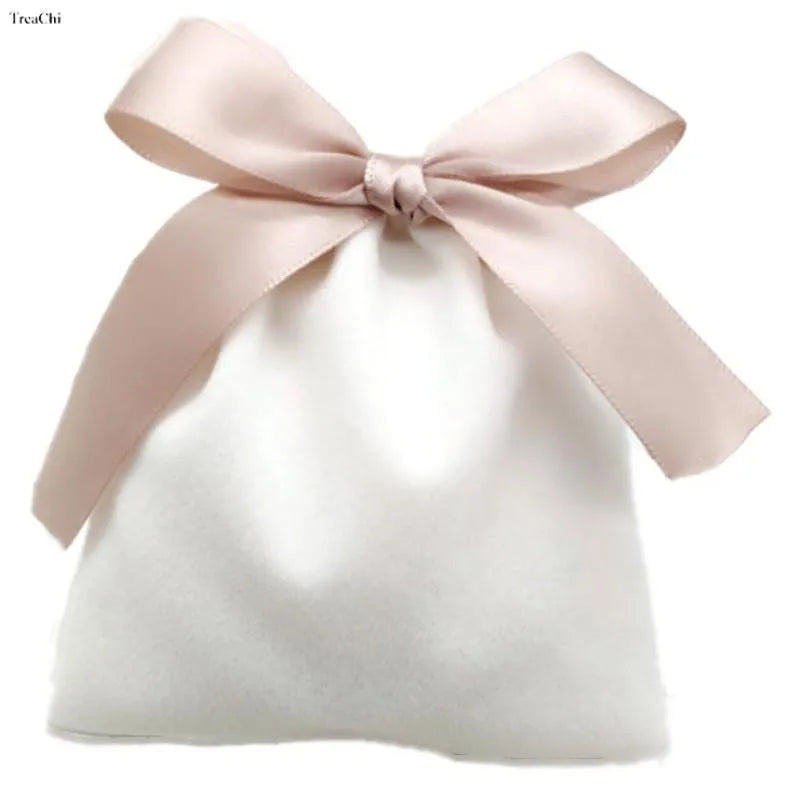 Handmade Flannel Pouches Velvet Ribbon Gift Bags Jewelry Bowknot Sack Makeup Lipstick Drawstring Pouch Party Wedding Gifts 50Pcs