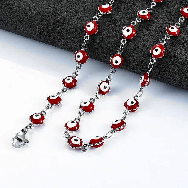 6mm Stainless Steel Turkish Evil Eye Chain Necklace for Women Colorful Beads Flower Shape Charm Choker Bracelets Metal Jewelry
