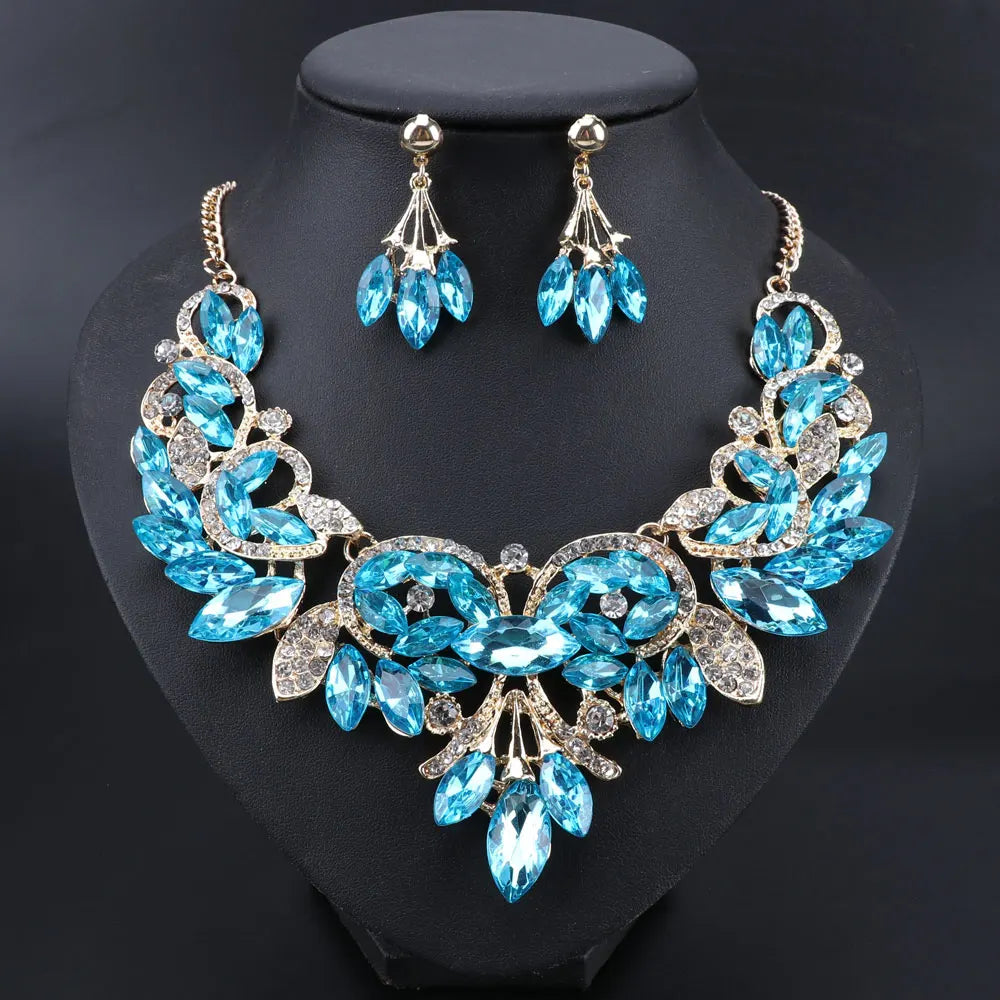 New Luxury Indian Bridal Jewelry Sets Wedding Party Costume Jewellery Womens Fashion Gifts Leaves Crystal Necklace Earrings Sets