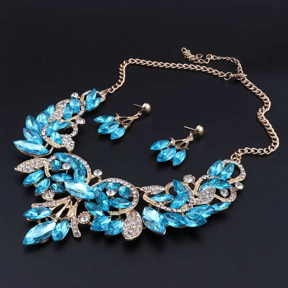 New Luxury Indian Bridal Jewelry Sets Wedding Party Costume Jewellery Womens Fashion Gifts Leaves Crystal Necklace Earrings Sets