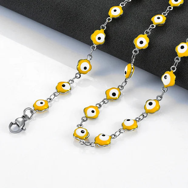 6mm Stainless Steel Turkish Evil Eye Chain Necklace for Women Colorful Beads Flower Shape Charm Choker Bracelets Metal Jewelry
