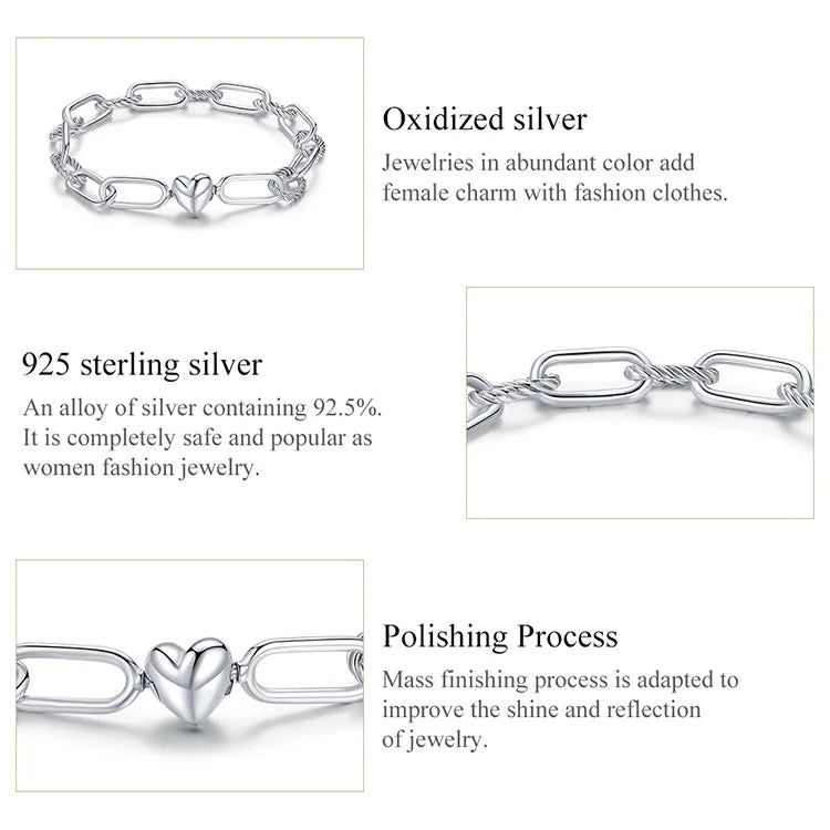 WOSTU Silver Paper Clip Bracelet 925 Sterling Silver Heart Love Chain Bracelets for Women Engagement Jewelry Gift CQB202