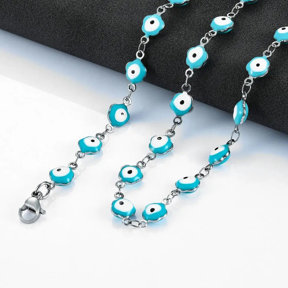 6mm Stainless Steel Turkish Evil Eye Chain Necklace for Women Colorful Beads Flower Shape Charm Choker Bracelets Metal Jewelry