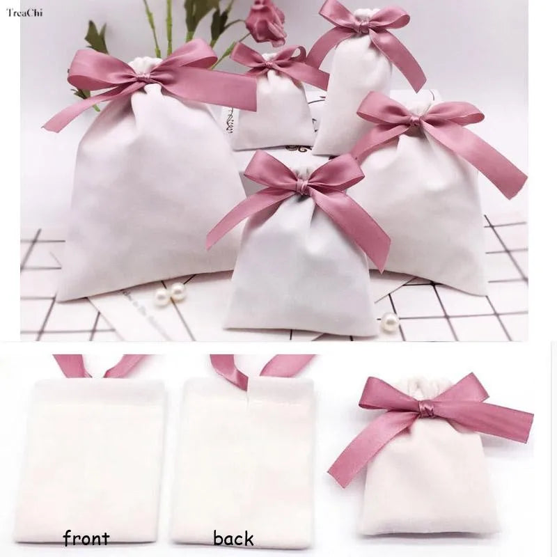 Handmade Flannel Pouches Velvet Ribbon Gift Bags Jewelry Bowknot Sack Makeup Lipstick Drawstring Pouch Party Wedding Gifts 50Pcs
