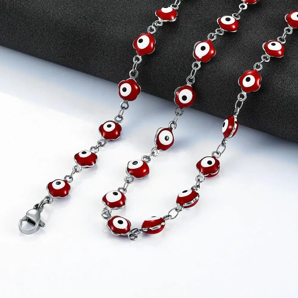 6mm Stainless Steel Turkish Evil Eye Chain Necklace for Women Colorful Beads Flower Shape Charm Choker Bracelets Metal Jewelry