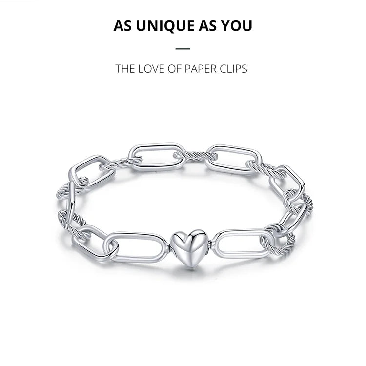 WOSTU Silver Paper Clip Bracelet 925 Sterling Silver Heart Love Chain Bracelets for Women Engagement Jewelry Gift CQB202