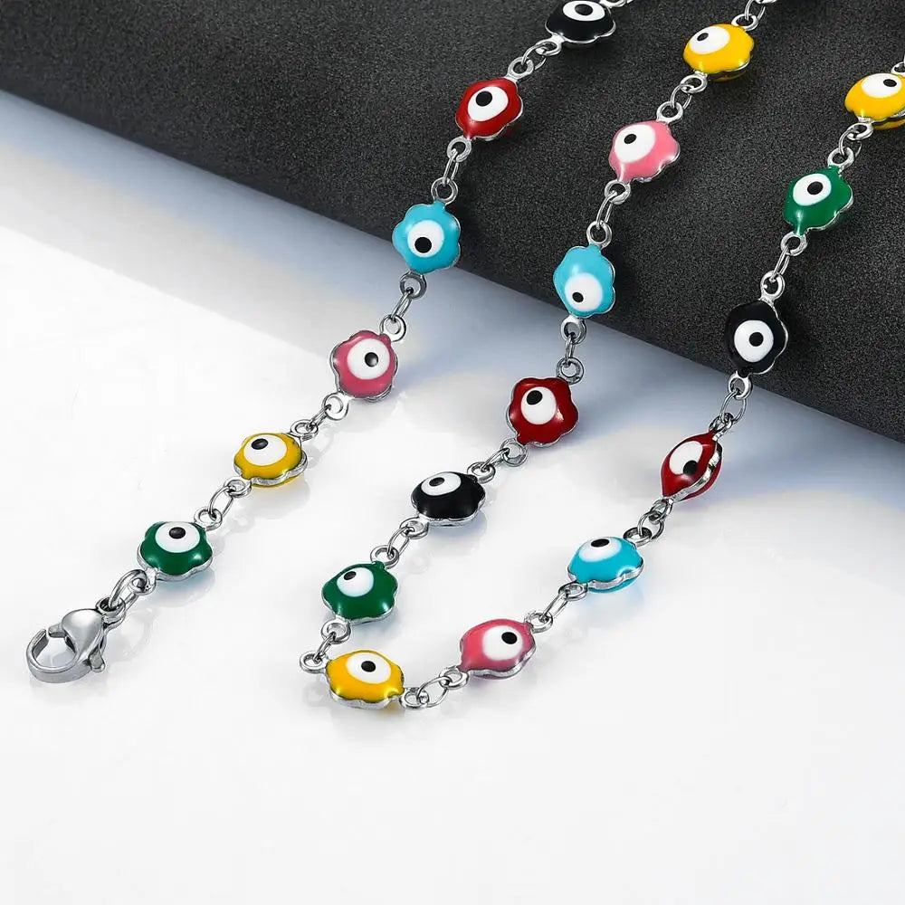 6mm Stainless Steel Turkish Evil Eye Chain Necklace for Women Colorful Beads Flower Shape Charm Choker Bracelets Metal Jewelry