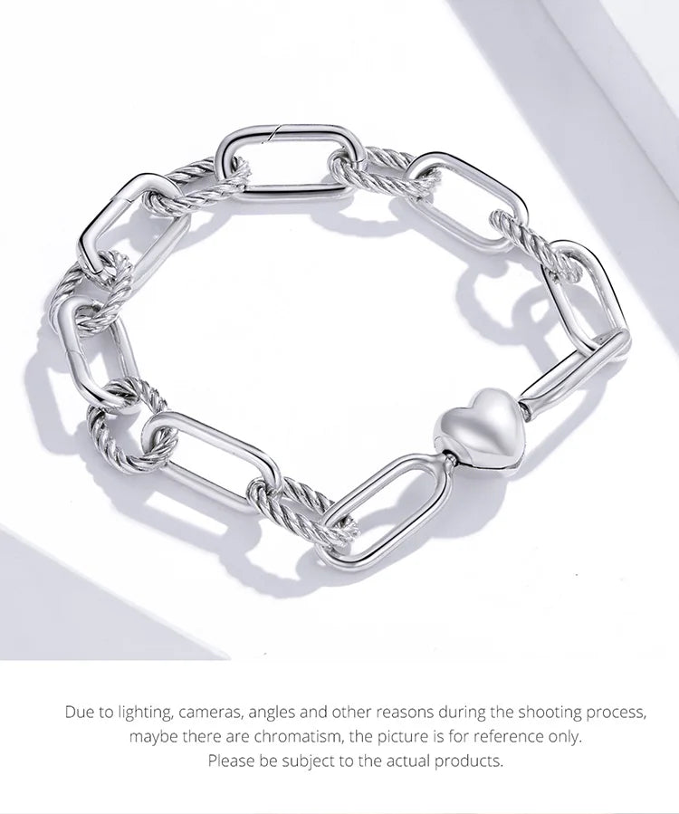 WOSTU Silver Paper Clip Bracelet 925 Sterling Silver Heart Love Chain Bracelets for Women Engagement Jewelry Gift CQB202