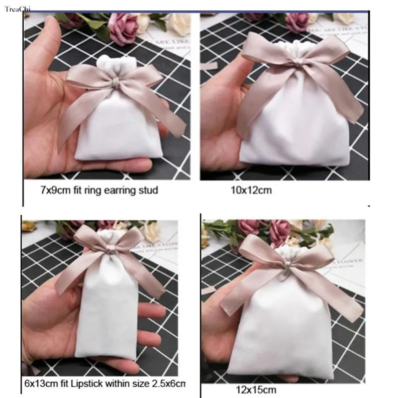 Handmade Flannel Pouches Velvet Ribbon Gift Bags Jewelry Bowknot Sack Makeup Lipstick Drawstring Pouch Party Wedding Gifts 50Pcs