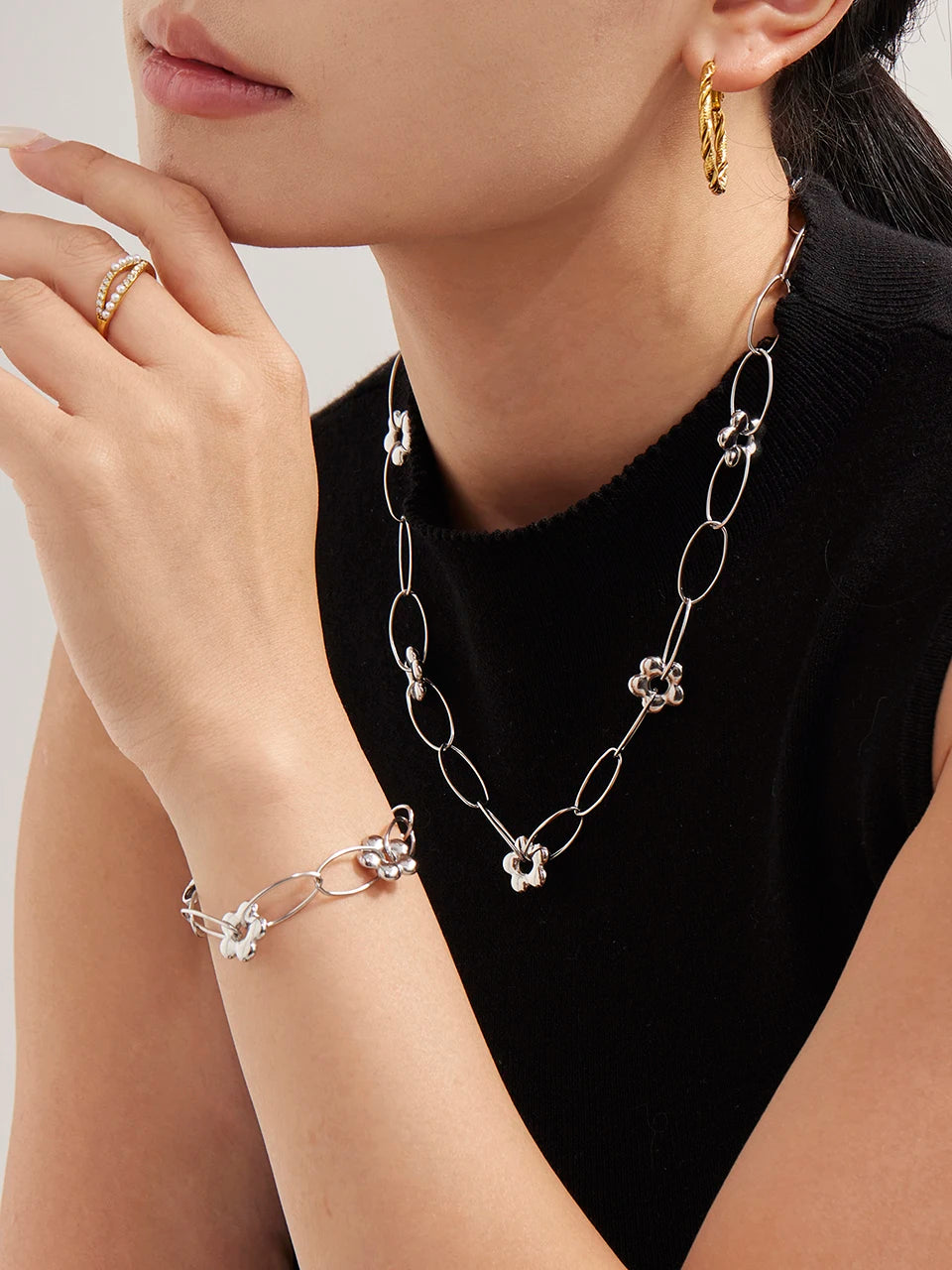 Stainless Steel Chain Necklace Bracelet For Women 18k Gold Plated Waterproof Non Tarnish Women's Bracelets Necklaces Jewelry Set