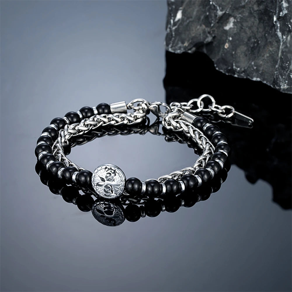 6mmTiger Eye Bead Norse Bear Head Viking Skull Cross Bracelet Men Stainless Steel Eye of Horus/Tree of Life Bangle Charm Jewelry