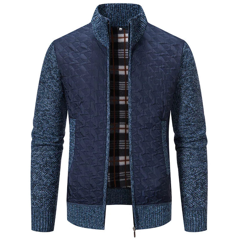Mens Windproof Jacket Full Zip Fleeced Sweater Cardigan Contrast Stand Collar Sweaters Coat Autumn Winter Velvet Clothes