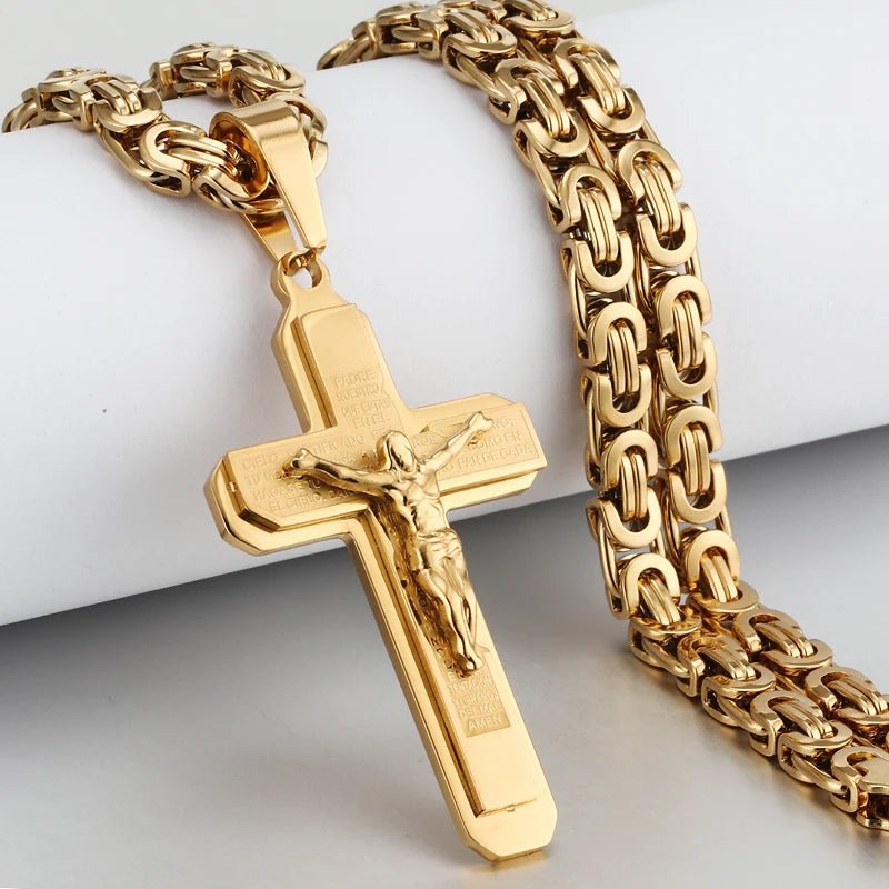 Christian Crucifix Jesus Christ Cross Necklace with Bible Stainless Steel Byzantine Chain Necklace Baptism Prayer Jewelry Men