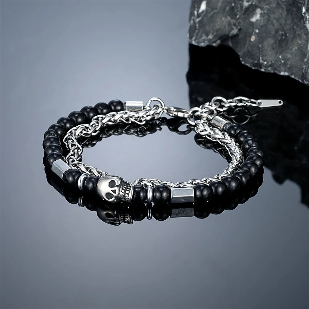 6mmTiger Eye Bead Norse Bear Head Viking Skull Cross Bracelet Men Stainless Steel Eye of Horus/Tree of Life Bangle Charm Jewelry
