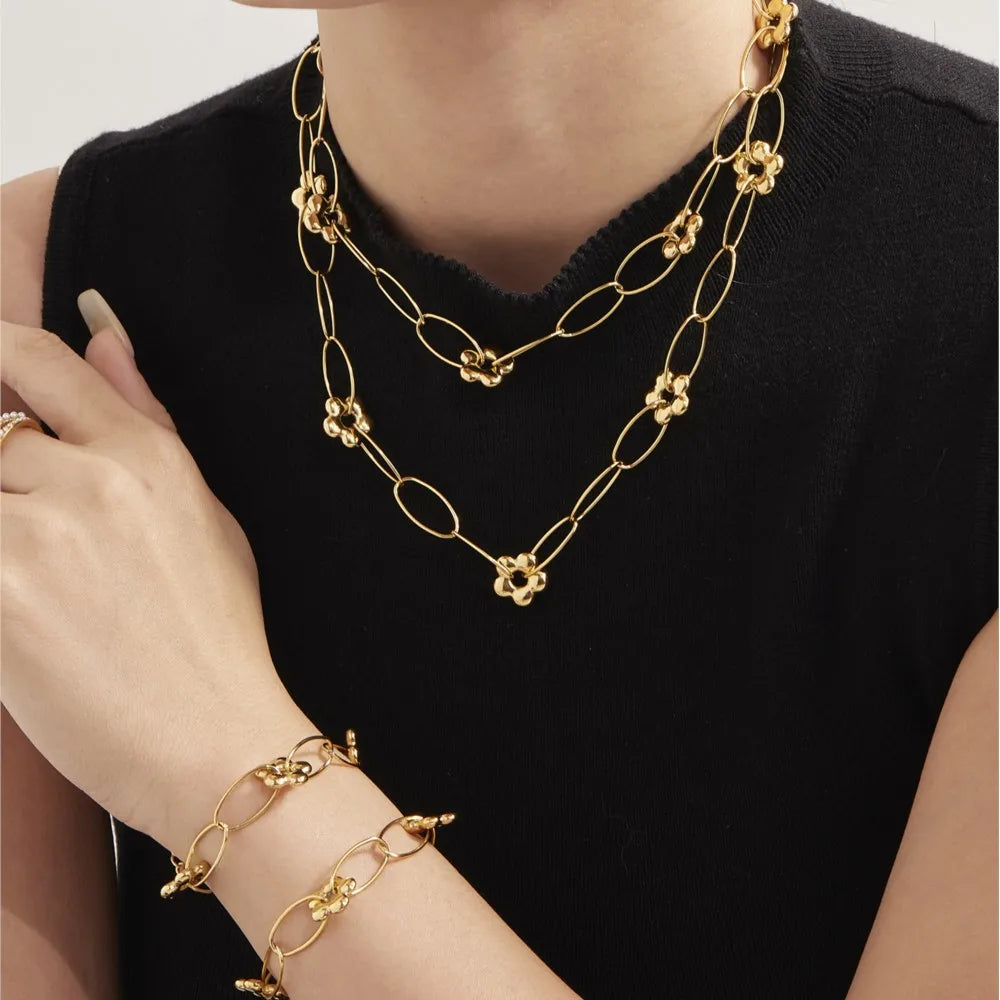 Chain Necklace Bracelet In Stainless Steel With 18k Gold Plated Waterproof Non Tarnish Bracelets Necklaces Jewelry Set For Women
