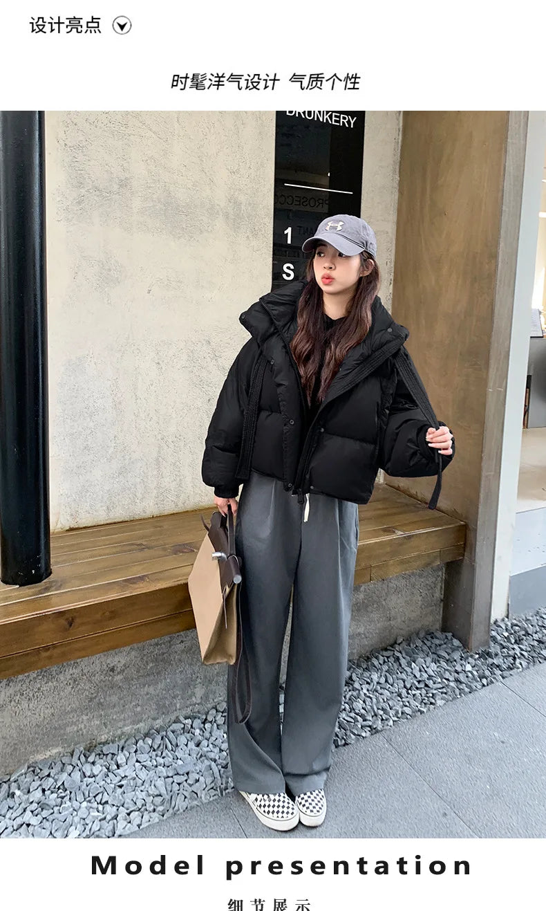 Chic Winter Cotton Coat Cropped Jackets Women Warm Design Parkas Puffer Jacket Bow Tie Streetwear Cold Jacket Winter Clothes