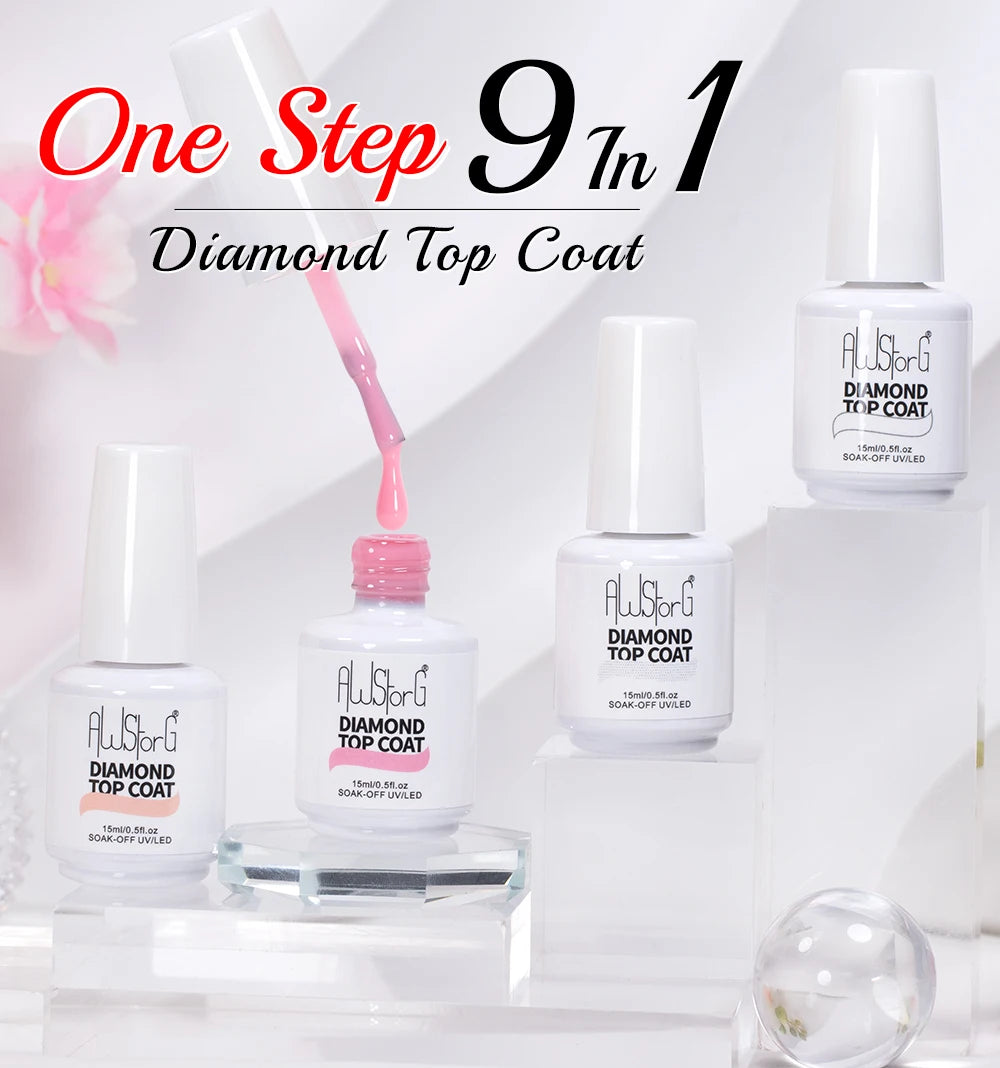 AWStorG 15ml One Step Gel Polish 9 In 1 Diamond Top Coat  Reinforce Long Lasting UV Soak Off Gel Varnish High Light Nail Art