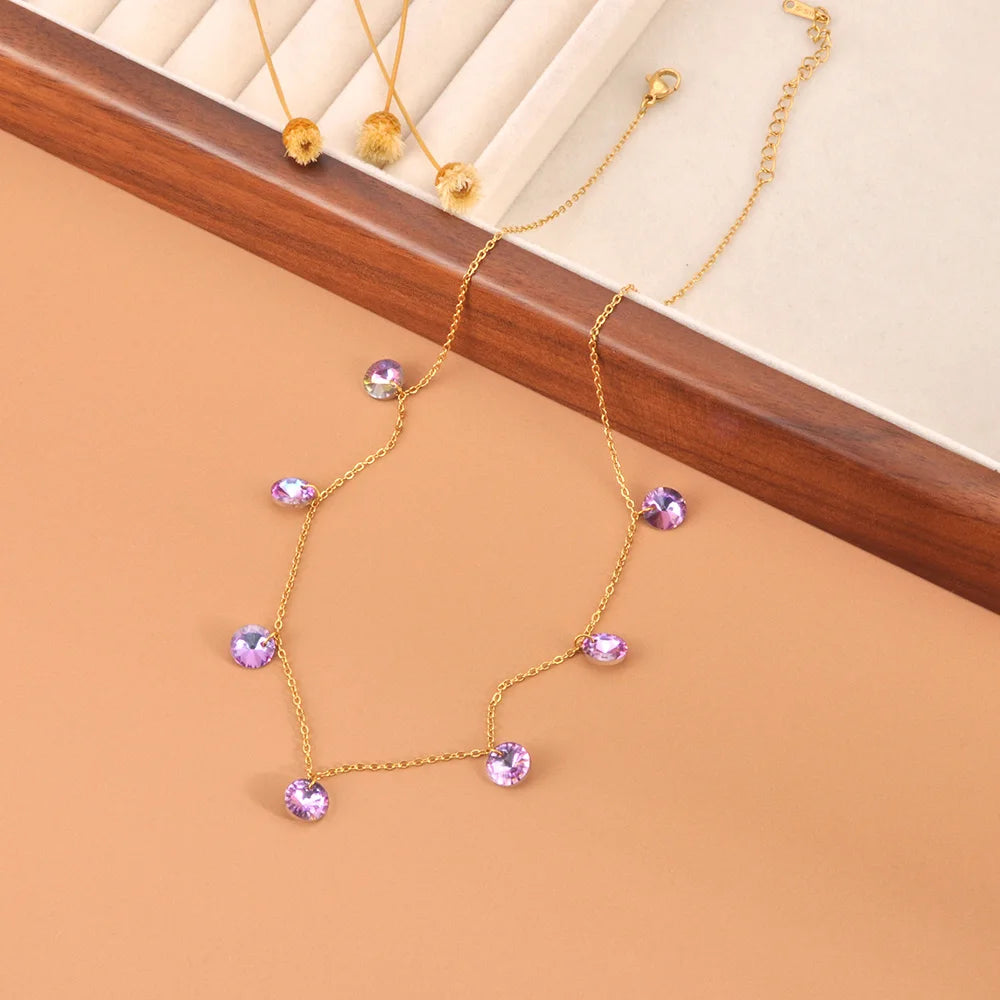 Lokaer Luxury Bling Colorful Cubic Zirconia Chain Necklace for Women CZ Waterproof Stainless Steel Exquisite Jewelry N25087