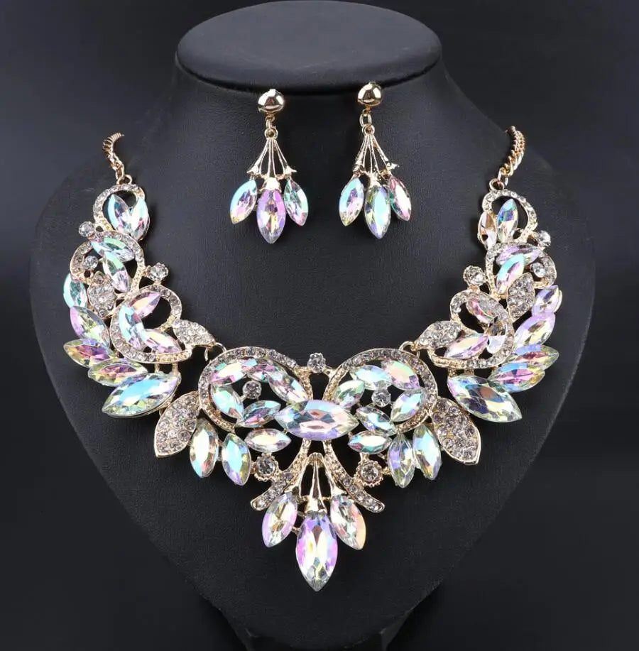 New Luxury Indian Bridal Jewelry Sets Wedding Party Costume Jewellery Womens Fashion Gifts Leaves Crystal Necklace Earrings Sets