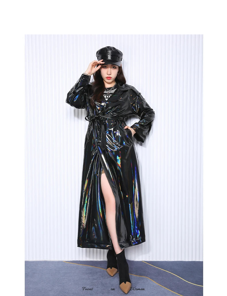 Mauroicardi Spring Soft Thin Flowy Shiny Reflective Holographic Black PVC Faux Leather Trench Coat for Women Maxi Y2K Streetwear