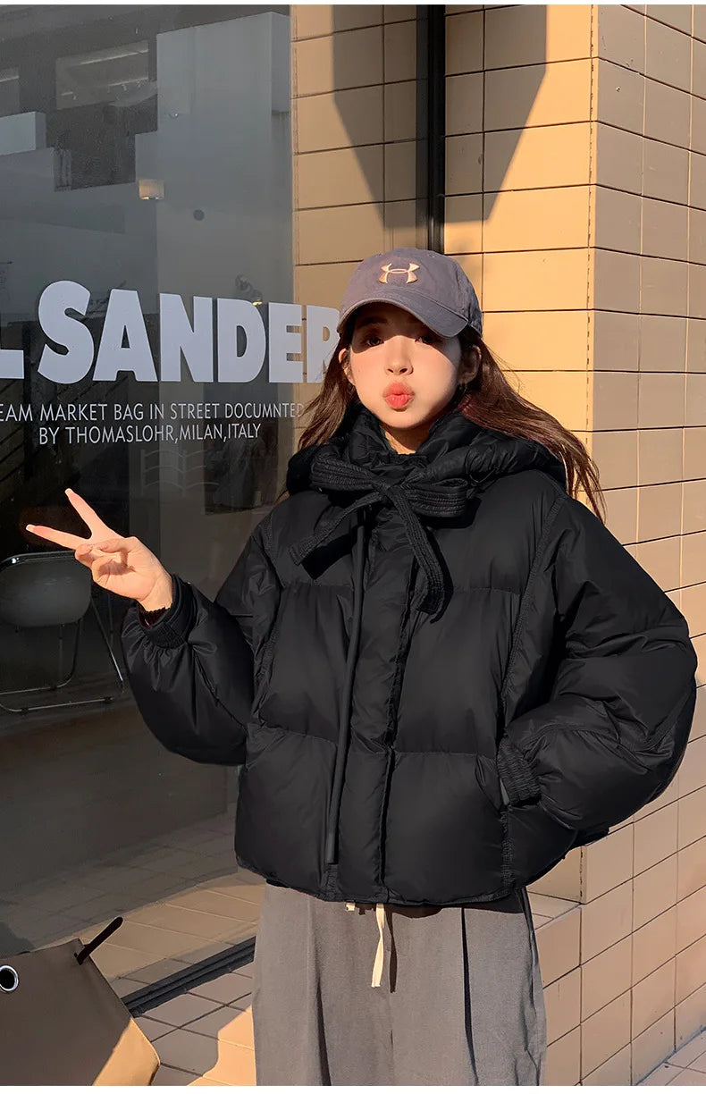 Chic Winter Cotton Coat Cropped Jackets Women Warm Design Parkas Puffer Jacket Bow Tie Streetwear Cold Jacket Winter Clothes