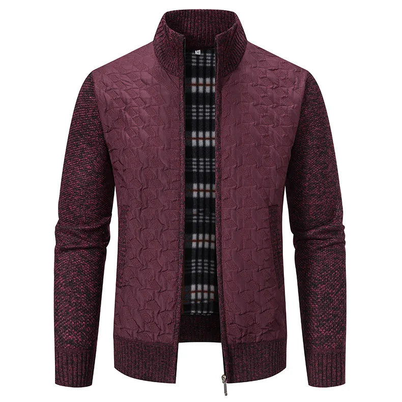 Mens Windproof Jacket Full Zip Fleeced Sweater Cardigan Contrast Stand Collar Sweaters Coat Autumn Winter Velvet Clothes