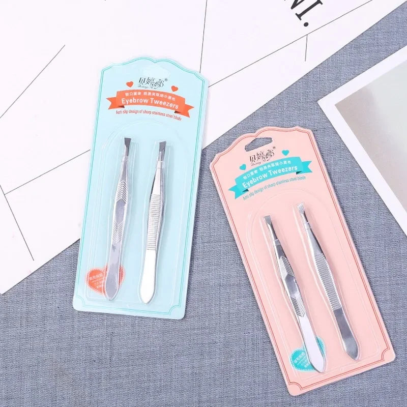 2Pcs/Set Eyebrow Tweezers Face Hair Removal Slanted Flat Tips Stainless Steel Eyelash Clip Brow Trimming Tweezer Makeup Tools