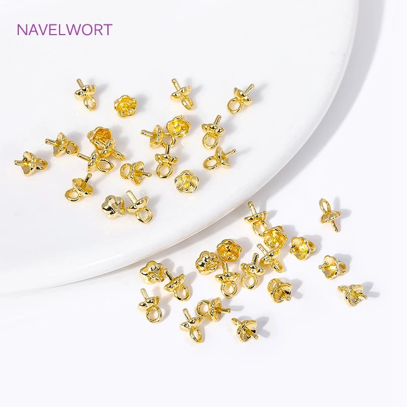 4MM 18K Gold Plated Flower Cup Pearl Pendant Mounting Connectors With Cap And Peg For DIY Jewelry Making Accessories Wholesale