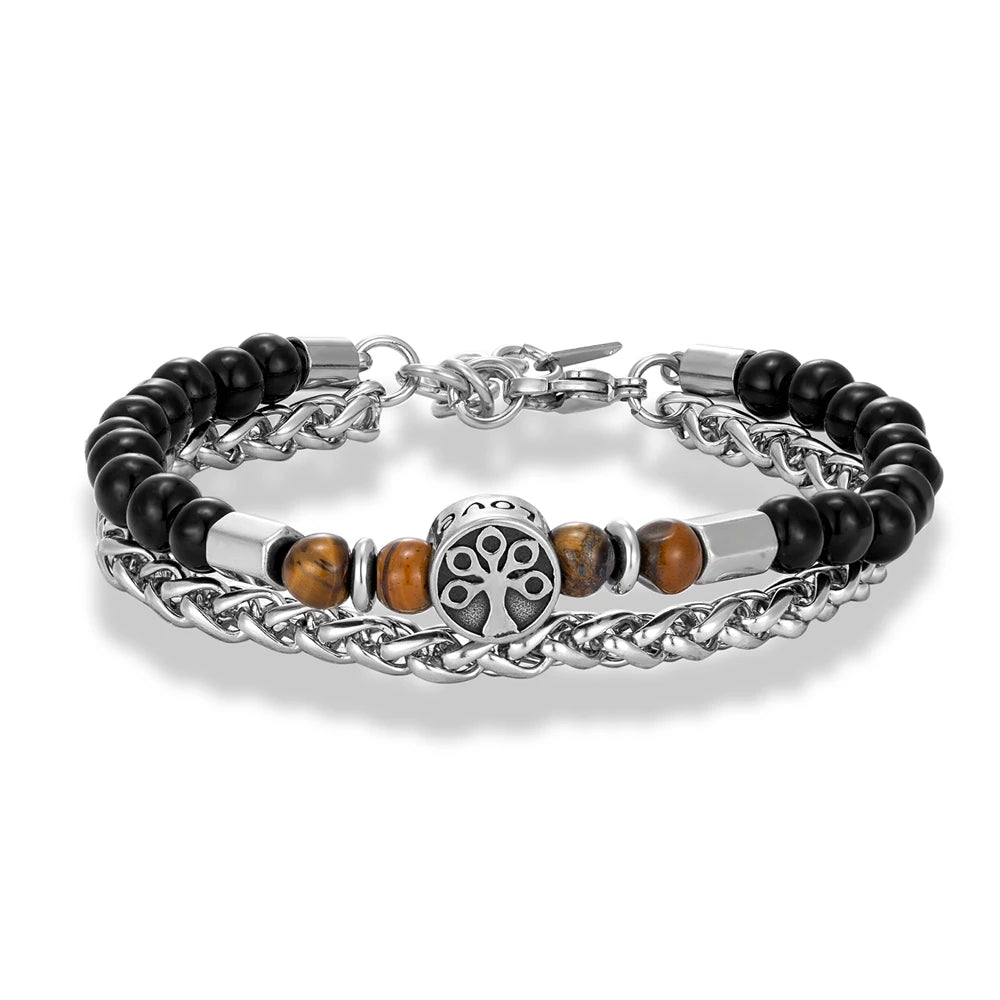 6mmTiger Eye Bead Norse Bear Head Viking Skull Cross Bracelet Men Stainless Steel Eye of Horus/Tree of Life Bangle Charm Jewelry