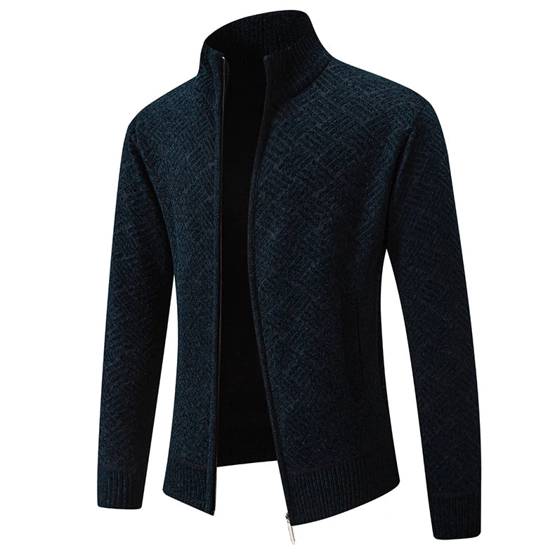 Mens Windproof Jacket Full Zip Fleeced Sweater Cardigan Contrast Stand Collar Sweaters Coat Autumn Winter Velvet Clothes