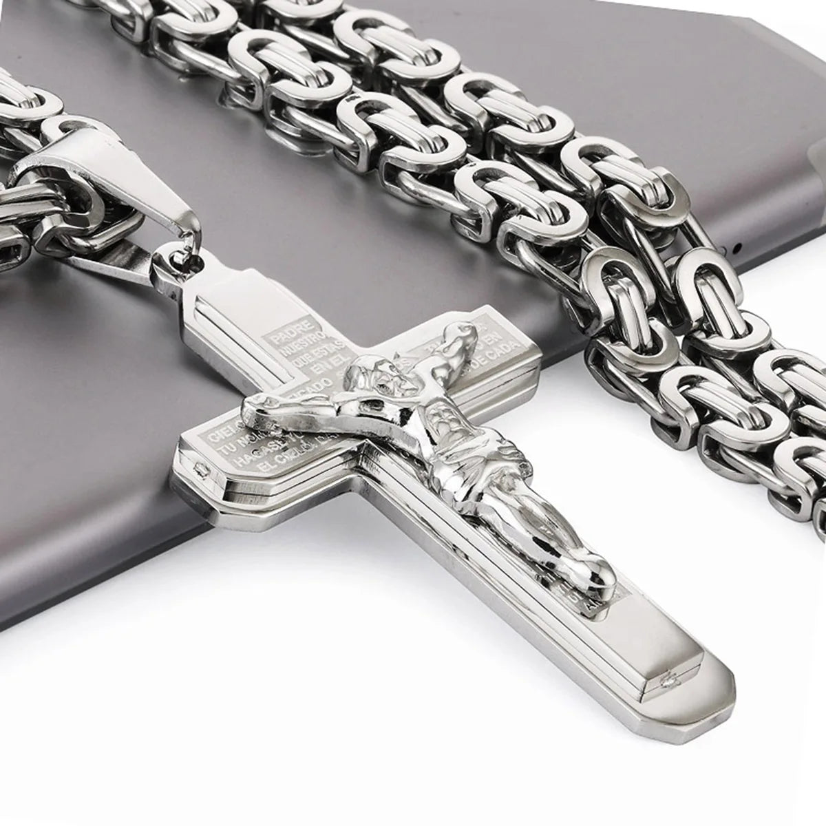 Christian Crucifix Jesus Christ Cross Necklace with Bible Stainless Steel Byzantine Chain Necklace Baptism Prayer Jewelry Men