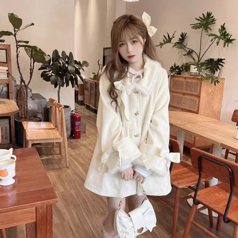 Japanese Wool Coat Women Fall Winter Clothes Fashion White Tunic Outwear 2025 Ropa Mujer Bandage Bow Thicked Jackets Tops Female
