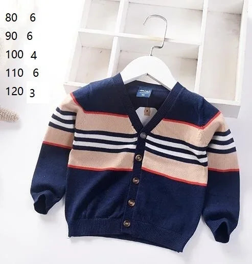 New Boys Cardigan Sweater Autumn Baby Knit Children Coat Kids Cartoon Sweater Clothes V-Neck Stripe Toddler Jacket 0-5y