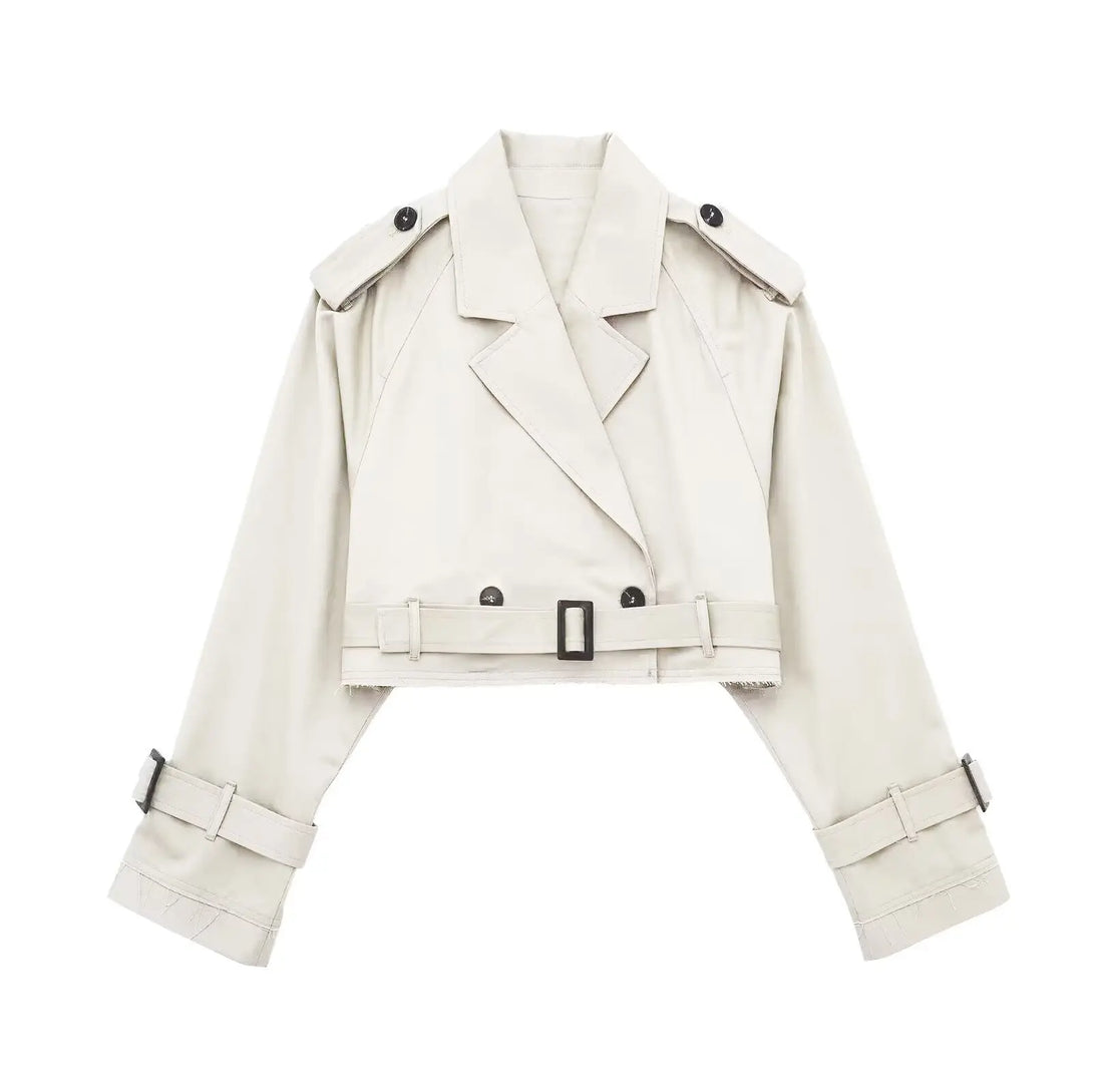 2025 Belt Cropped Trench Spring Jacket Women Vintage Streetwear Double Breasted Long Sleeve Top Female Coat Outfits