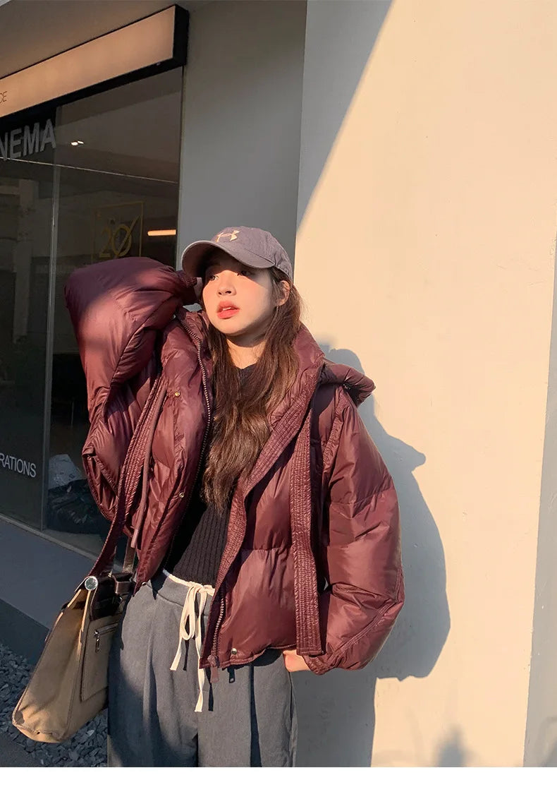 Chic Winter Cotton Coat Cropped Jackets Women Warm Design Parkas Puffer Jacket Bow Tie Streetwear Cold Jacket Winter Clothes