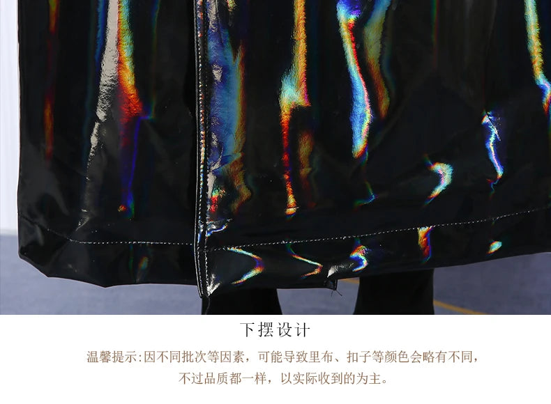 Mauroicardi Spring Soft Thin Flowy Shiny Reflective Holographic Black PVC Faux Leather Trench Coat for Women Maxi Y2K Streetwear