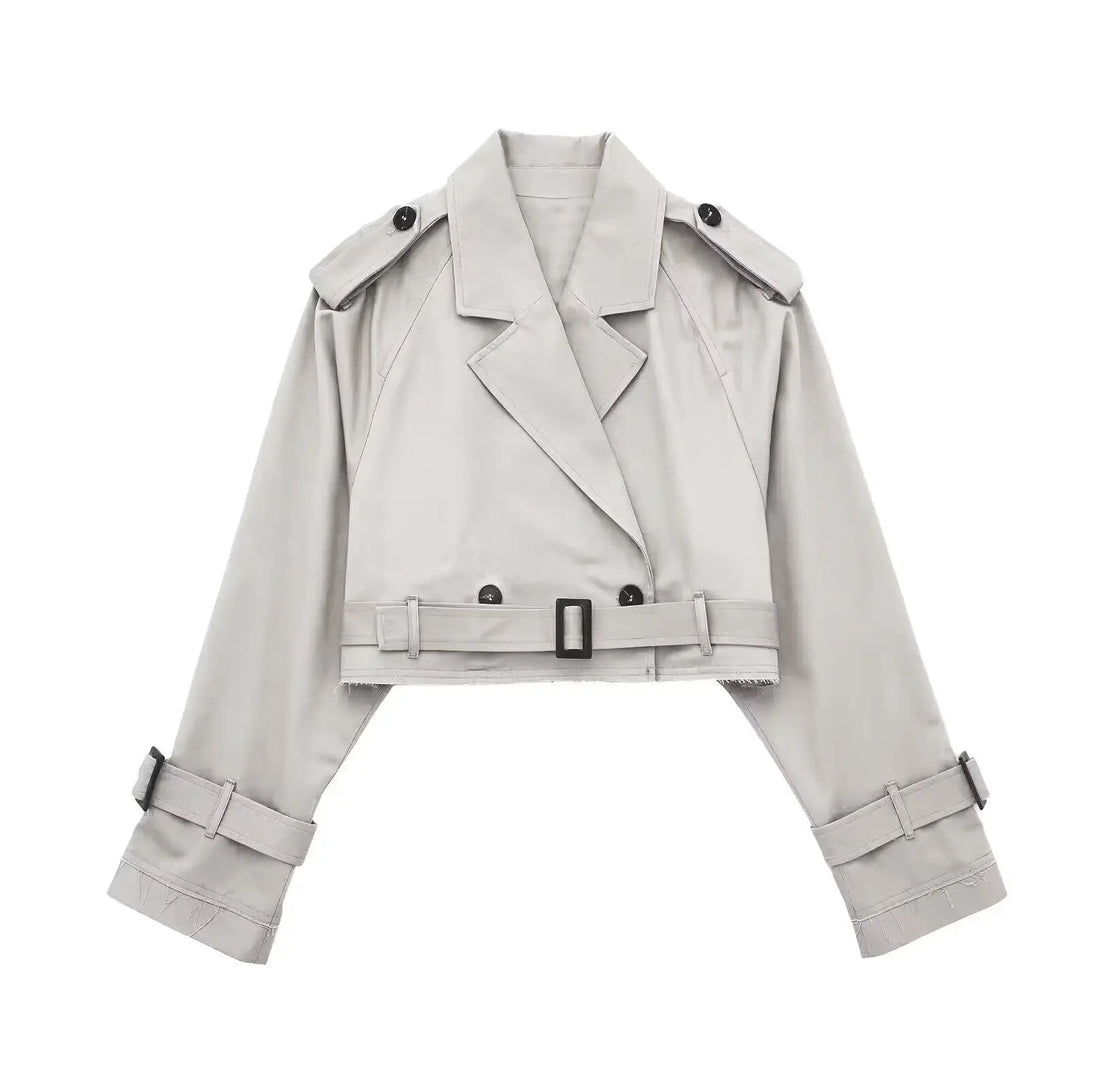 2025 Belt Cropped Trench Spring Jacket Women Vintage Streetwear Double Breasted Long Sleeve Top Female Coat Outfits