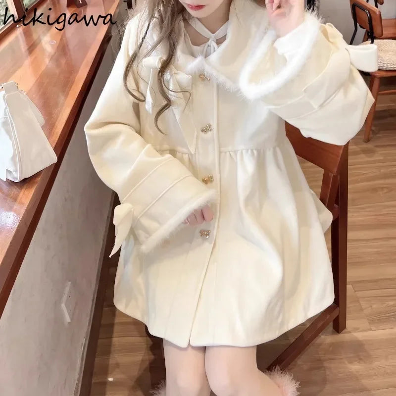 Japanese Wool Coat Women Fall Winter Clothes Fashion White Tunic Outwear 2025 Ropa Mujer Bandage Bow Thicked Jackets Tops Female
